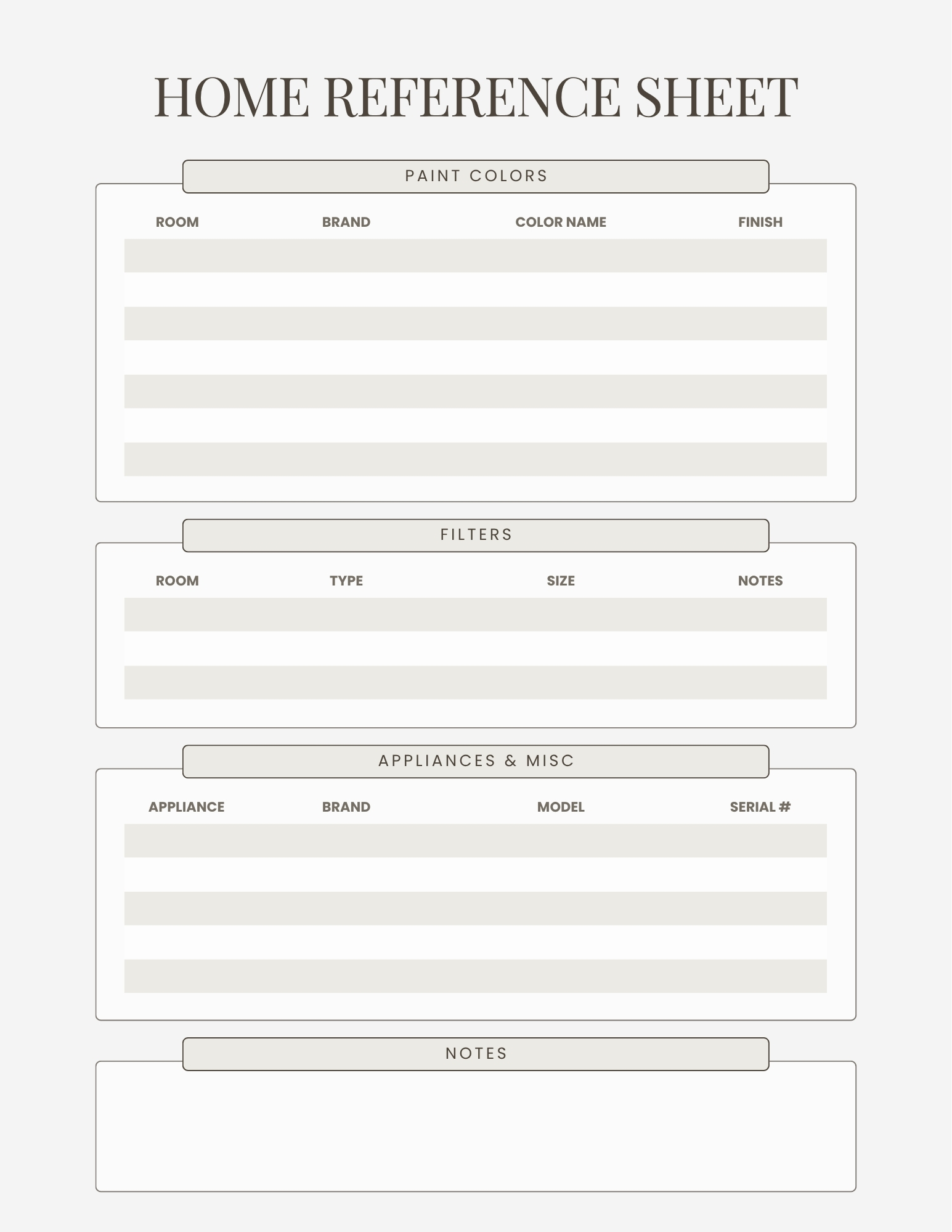 Home Reference Sheet template